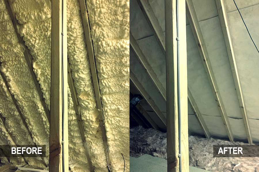 Image of a loft before and after spray foam insulation removal by Surrey Home Insulation