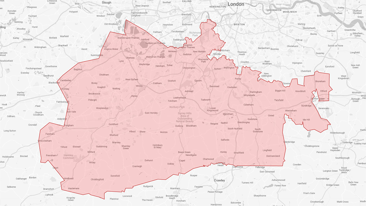 Map showing the areas in Surrey covered by Surrey Home Insulation
