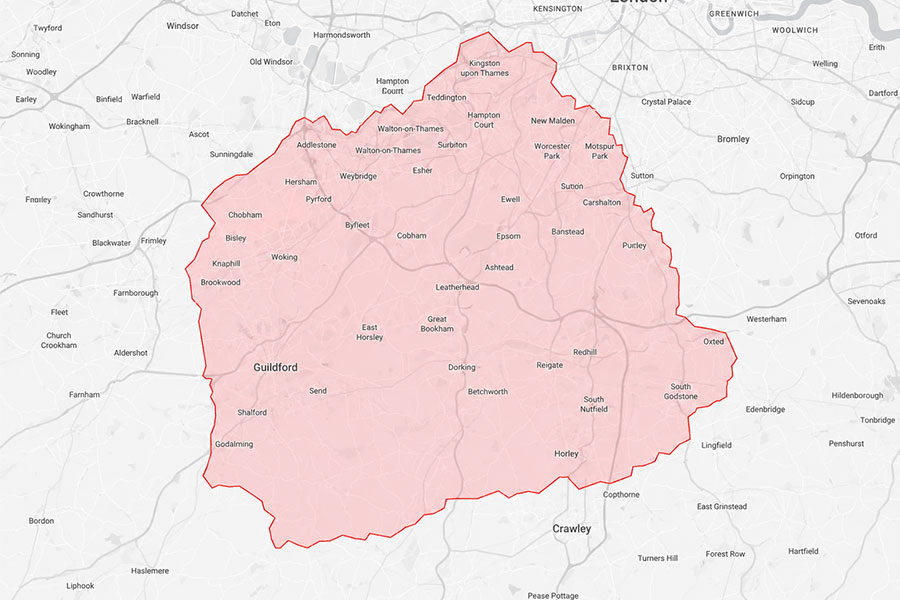Map of Surrey and parts of greater London shaded in red to show where Surrey Home Insulation serve customers